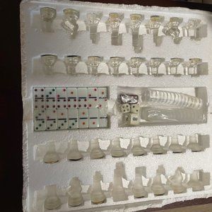 Chess, Checkers and Dominos Glass and Frosted Set In Styrofoam No Chips